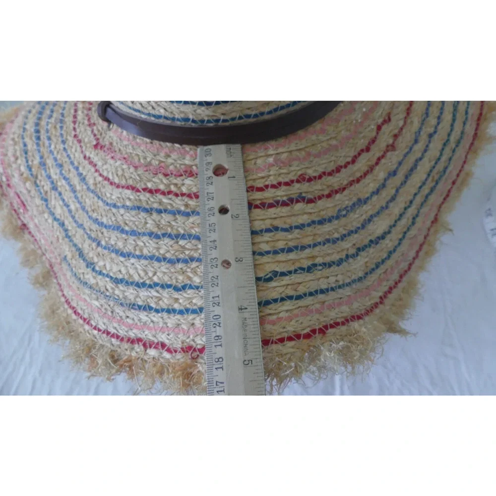 Kate Landry Wide Brim Straw Hat‎ Summer Hat Colorful Thread Leather Chin Strap